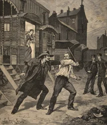 Walka uliczna między pogromcą a ulicznym sprzedawcą, z „Le Petit Parisien”, 26 kwietnia 1891 r.
